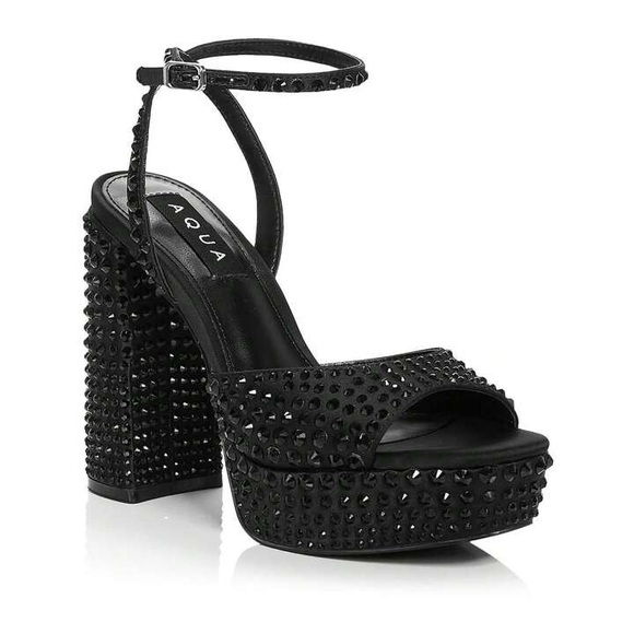 Aqua Lesly Ankle Strap Black‎ Rhinestone Platform High Heel Sandals - Picture 1 of 7